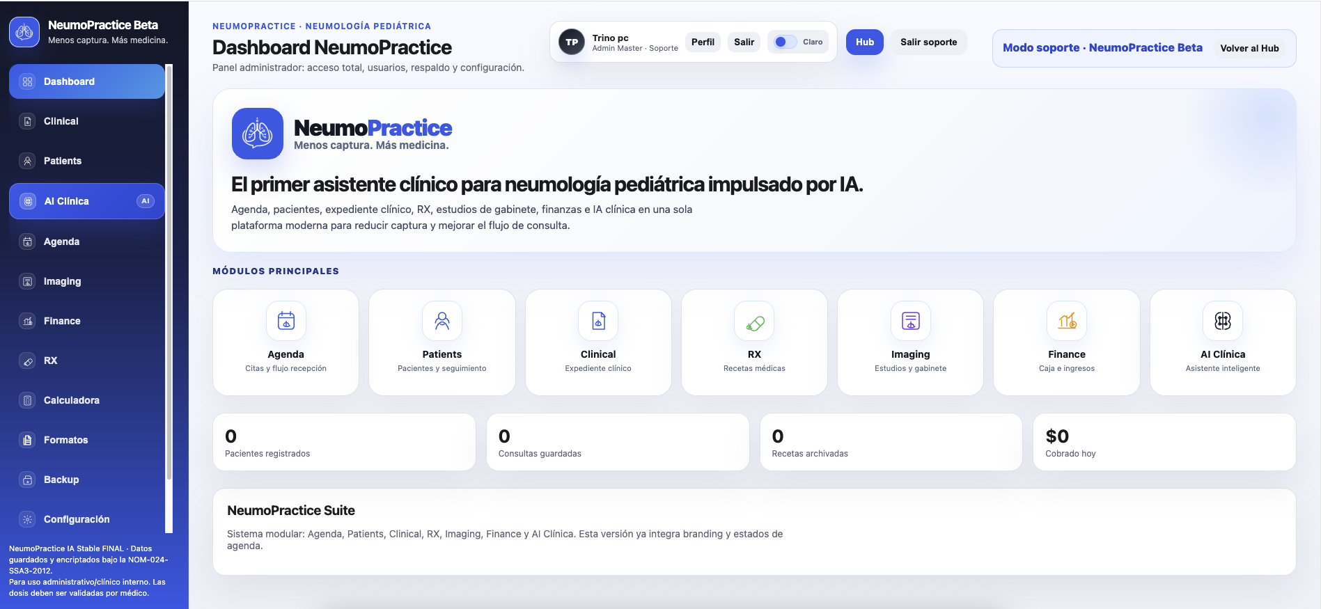 Vista de dashboard NeumoPractice