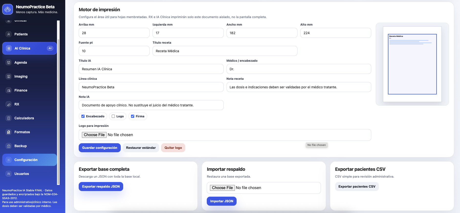 Configuración de perfil médico